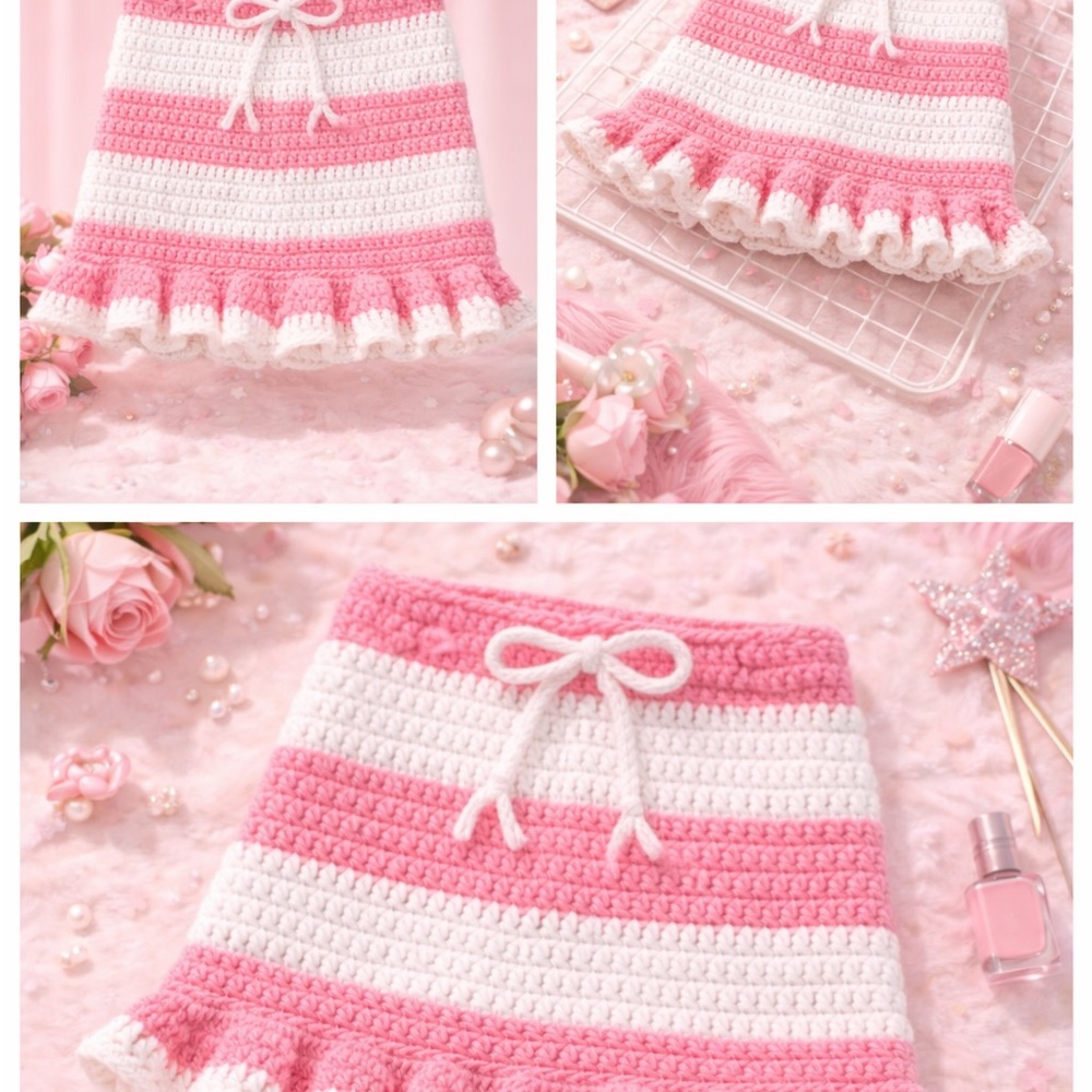 Pink and White Striped Crochet Skirt